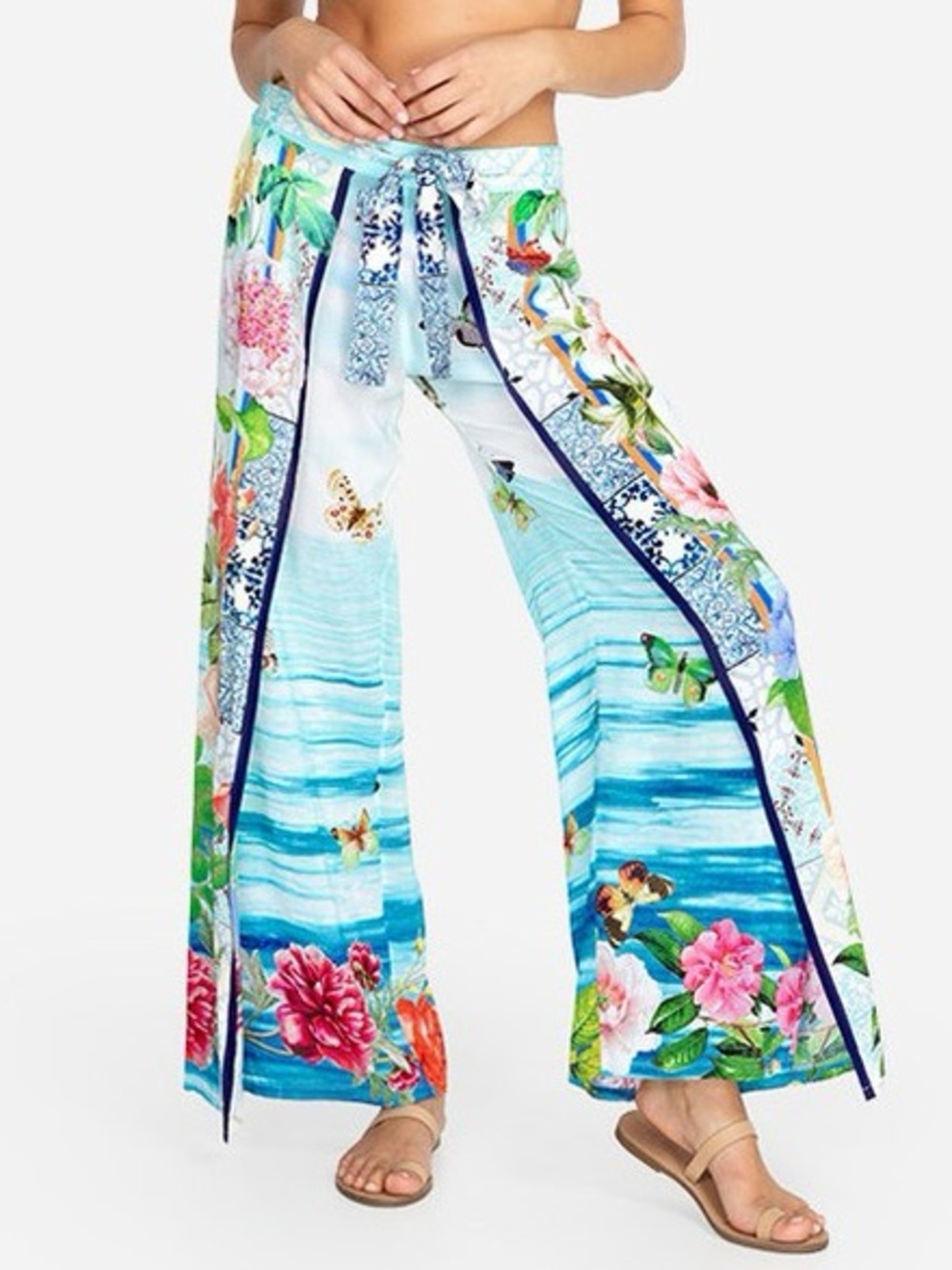 Johnny Was Costa Azul Wrap Wide Leg Pants Colorful Boho Flowy XL